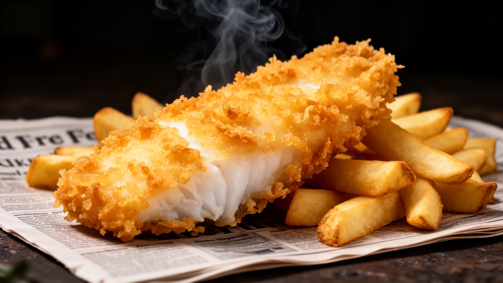 Crispy golden battered cod and chips on newspaper